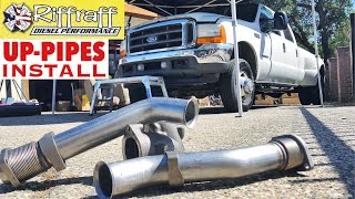 2001 F350 73  RiffRaff UpPipes Install  Stock up pipes leaking and falling apart JUNK SP [upl. by Eniak416]